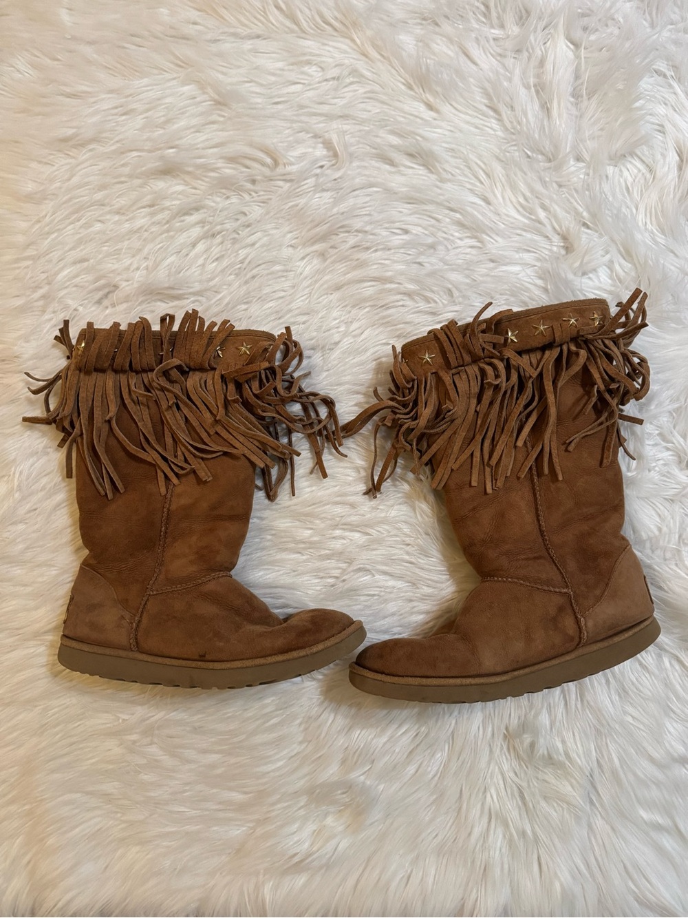 Ugg x Jimmy Choo Boots Sora Studded Fringe Suede Chestnut US 10